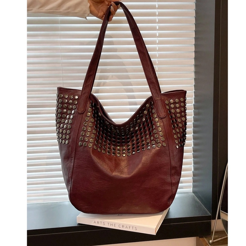 Burgundy Vegan Leather Studded Tote Bag - Picture 4 of 6